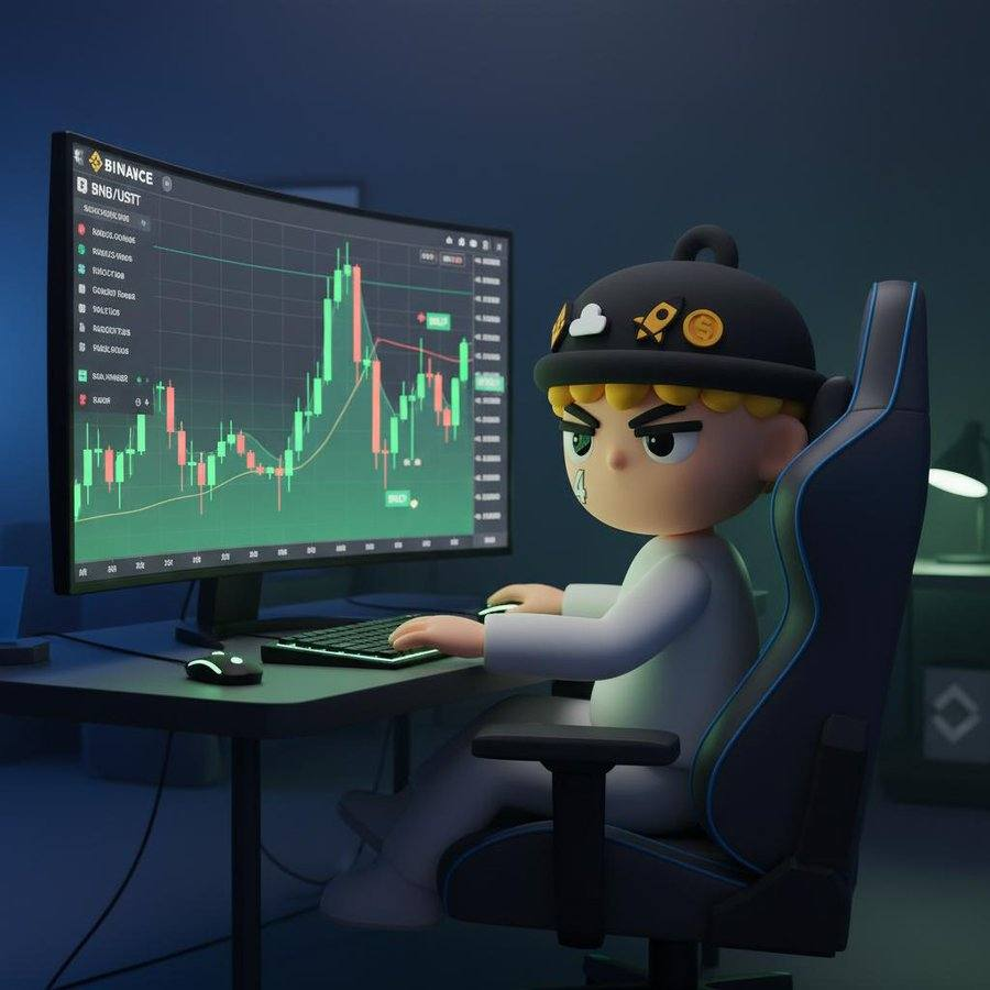 Palu, the Binance meme mascot, staring intently at a BNB candlestick chart
